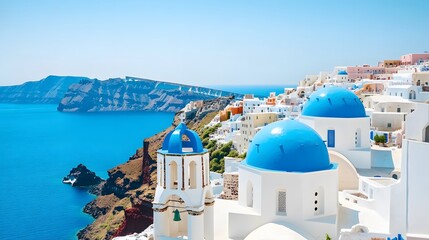 Blue dome on white building with caldera view in santorini showcasing vibrant architecture and landscape