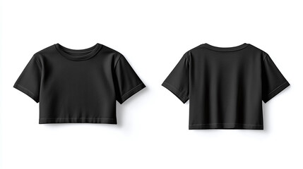 Black cropped t-shirt mockup back and front view isolated on white background for brand presentation.