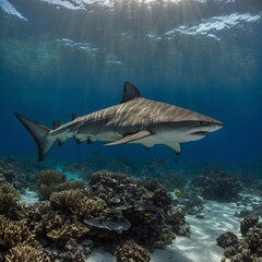 Fototapeta premium Great White Shark A great white shark swimming powerfully through a sunlit ocean. photographs of all kinds for graphic design, food, landscapes, themes, water, Halloween, parties, health, ecology and