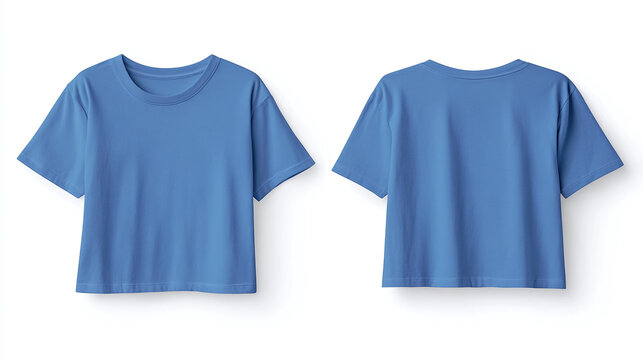 Blue cropped t-shirt mockup back and front view isolated on white background for brand presentation.