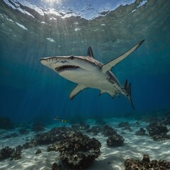Fototapeta premium A lone barracuda hovering in the tranquil, clear sea. Great White Shark shark in the sea A majestic shark gliding effortlessly in the clear ocean depths.