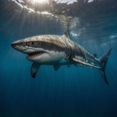 Fototapeta premium A great white shark floating still, capturing its size and majesty on white. A great white shark stalking its prey A baby great white shark with a curious and playful look, isolated on white.