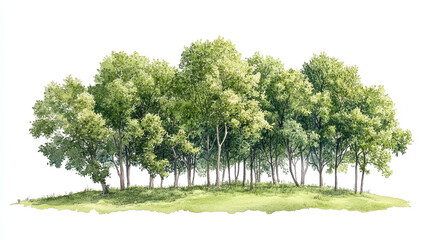 Green forest trees watercolor art isolated on white background.