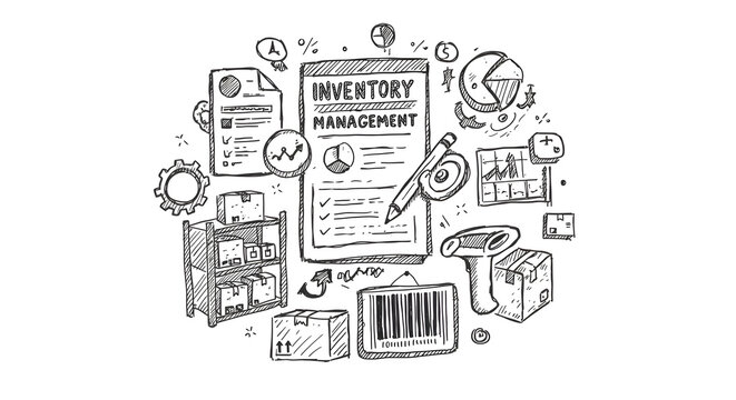 Inventory Management Sketch with Barcode, Boxes, Chart and Inventory List. Generative AI