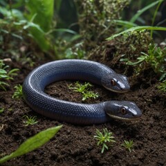 Obraz premium A green snake with yellow eyes curled up on a mossy rock in the rain Blue Insularis Snake Coiled in Its Environment Couleuvres à Azay-le-Rideau, Indre-et-Loire-France