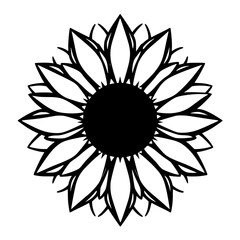 Black-and-White Sunflower Silhouette: Close-up of an Isolated, Stylized Sunflower, Showing the Black Center and Petals, Floral Design.