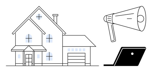 Fototapeta premium Modern two-story house with chimney, large windows, garage. Megaphone symbolizing announcement, and laptop signifying technology use. Ideal for real estate, communication, home technology, internet
