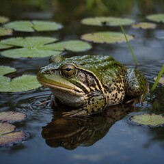 Vibrant Environment with an Eungella Torrent Frog Leaping Across a Stream  Frog laying eggs, close-up view, clear water, clusters of eggs, detailed textures, natural environment, aquatic plants, gentl