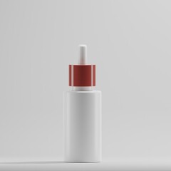A minimalist 3D rendering of a sleek, bulb-shaped cosmetic bottle with a black body, white cap, and blank label on a light gray background. Perfect for showcasing branding designs for beauty or person