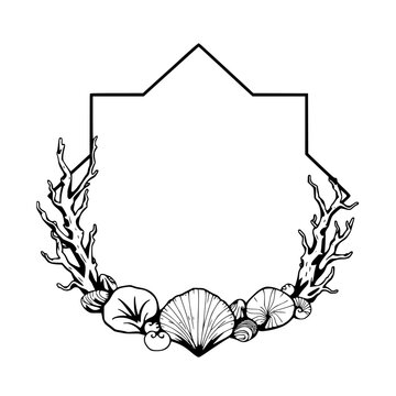 Octagonal black and white sketch of a seashell and coral frame