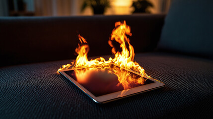 Device Overheating: Tablet engulfed in flames on a sofa. Malfunction, technology failure. Fire safety risk, digital disaster, avoid device abuse