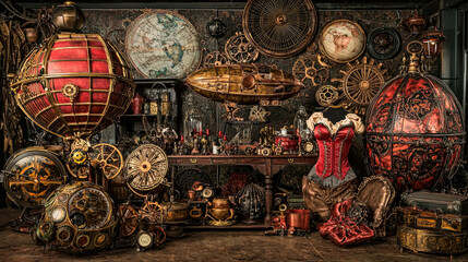 Fototapeta premium Intricate steampunk decor featuring gears, globes, and vintage artifacts in a workshop setting