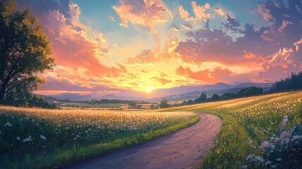 Serene Sunset Over Meadow with Colorful Sky and Rolling Hills