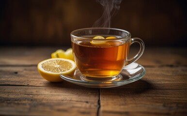 Steaming Cup of Lemon Tea on Rustic Wooden Table