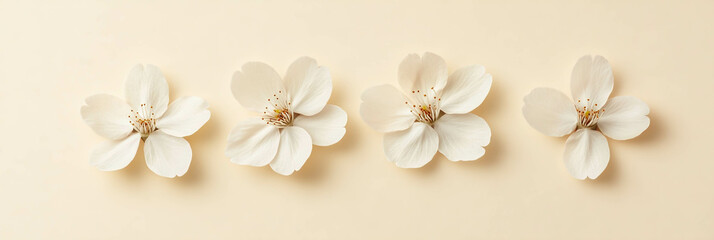 Three delicate sakura petals arranged in a diagonal line on a soothing beige backdrop