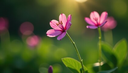 Fototapeta premium A delicate pink flower blooms in a small, tranquil corner of the garden, quiet corner, flower in garden, blooming flowers