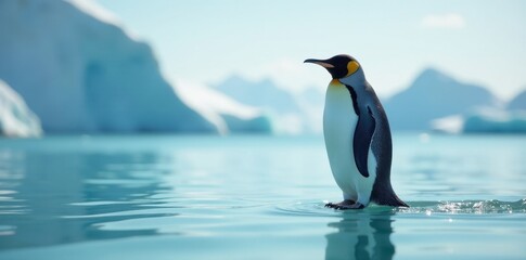 Obraz premium Majestic King Penguin Wades Through Icy Waters, a Solitary Figure Against a Backdrop of Glacial Ice