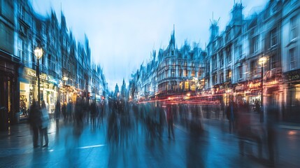 Fototapeta premium Motion blurred view of busy shopping street in London with pedestrians and vibrant storefronts