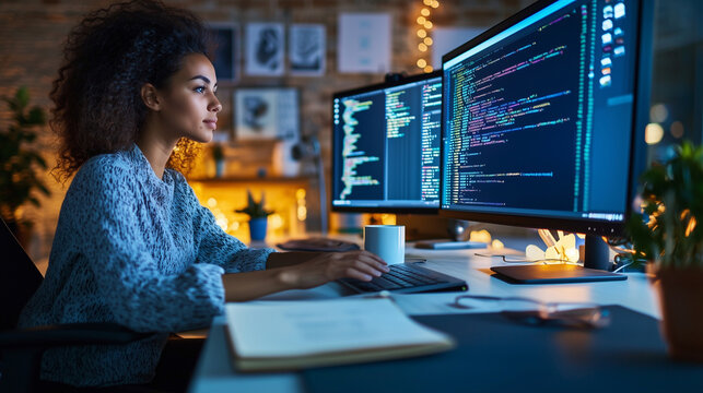 Modern Programmer Workspace with Dual Monitors and Coding Setup
