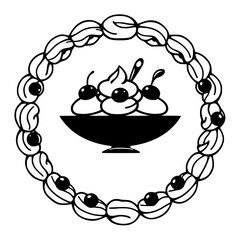 Sundae Delight: Black and White Cherry-Topped Sundae in Decorative Circular Frame