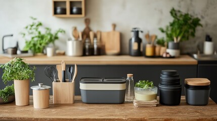 A kitchen countertop with various green and beige containers, a wooden cutting board, utensils in a holder, and fresh herbs. The scene is well-organized and aesthetically pleasing, showcasing practica