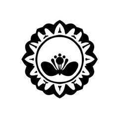 A blackand-white floral circular design depicting a central motif of a flower with a delicate appearance, set against a white background.