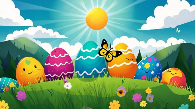Cute Easter Illustration of a Spring Landscape with Green Grass Flowers and Rainbow Sky