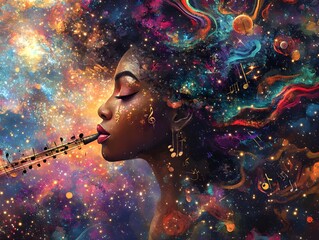 A captivating portrait of a woman playing the saxophone as her music transforms into a cosmic explosion of vibrant colors, musical notes, and swirling galaxies.