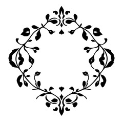 Black and white symmetrical floral design illustration featuring stylized leaves and branches.