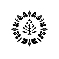 Black and white stylized tree, floral design with leaves and tree, circle on white background.