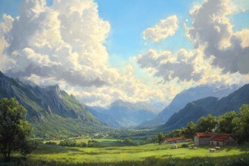 Obraz premium Beautiful mountain valley with rolling hills and grazing sheep under a vibrant sky near a small farmhouse. Generative AI