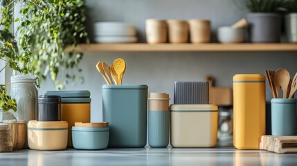 A kitchen countertop with various green and beige containers, a wooden cutting board, utensils in a holder, and fresh herbs. The scene is well-organized and aesthetically pleasing, showcasing practica