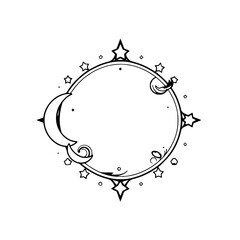 Celestial Night Circle: A minimalistic illustration of a stylized crescent moon and stars within a circle, suitable for fantasy or magical art.