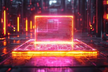 Illuminated holographic blockchain ledger showcase digital environment high fidelity display futuristic tech concept