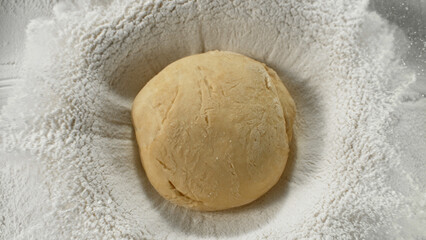 Freeze Motion of Falling Yeast Dough into Flour . Closeup of Bread or Pizza Dough Preparation