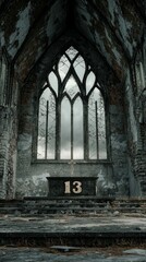 Fototapeta premium Dark Atmosphere in Abandoned Church with Number Thirteen Altar