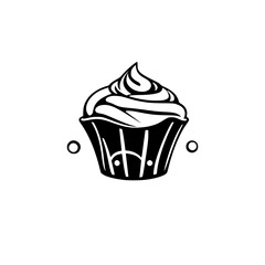 Minimalist Black and White Cupcake with Icing, Simplified Logo.