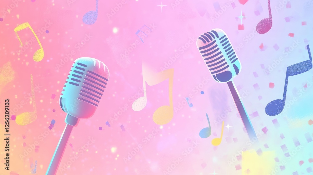 Poster colorful minimalist k pop inspired background featuring microphones and music notes in a vibrant atm
