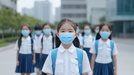 Air Pollution, A group of schoolchildren wearing face masks in a vibrant setting, highlighting safety and health measures in education.
