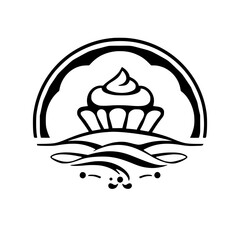 Cupcake Symbol, black and white line drawing, a logo design for a bakery, a stylized cupcake. The artwork is composed of black lines and a white background. The line art is clean and straightforward, 