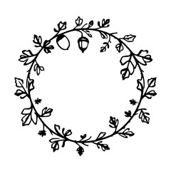 A hand-drawn black and white wreath of leaves, acorns and twigs in a circular arrangement.