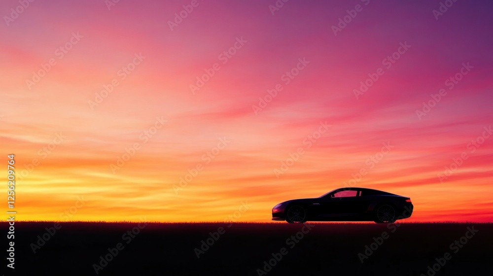 Poster sleek car silhouette against a vibrant sunset sky in a spacious background with area for text. gener