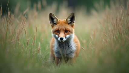 Fototapeta premium A Fox Stands Confidently in Tall Wild Grass, Its Striking Features and Intense Gaze Drawing Attention