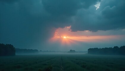 Fototapeta premium Dark clouds gather on a misty morning with a sense of foreboding, ominous, foggy