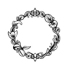 Circular ornamental floral wreath featuring stylized flowers, leaves, and intricate line art, perfect for design and decoration.