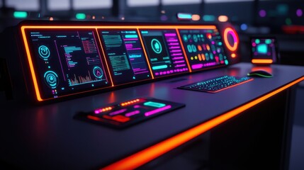 A futuristic control panel illuminated with vibrant neon colors, featuring multiple screens and a modern keyboard.