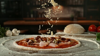 Closeup of Chef Making Pizza in Restaurant . Closeup of Pizza Preparation