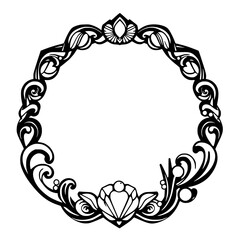 An ornate, black and white circular frame with stylized shell and floral motifs.