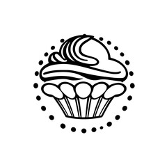 Black and white outline drawing of cupcake with decorative frosting with dots