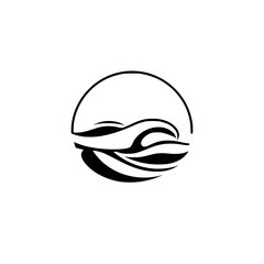 Minimalist black ink artwork of a stylized ocean wave set within a circle, showing a monochromatic design of smooth curves.